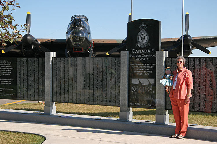 Marg Liessens with "Minnie Simcoe", a replica of the mascot that flew <br />with 431 Squadron of Lancaster Bombers during WWII.