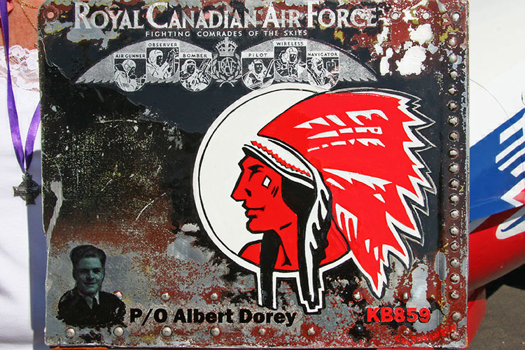 The commemorative plaque painted on original Lancaster skin in memory of <br />P/O Albert Dorey, presented to Marg Liessens on 23 August 2008.