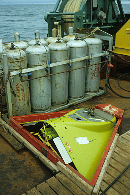 V-Fin sparker, shallow seabed profiler. It could penetrate <br />about 50ft into the seabed and produce very high <br />resolution images of local stratigraphy...