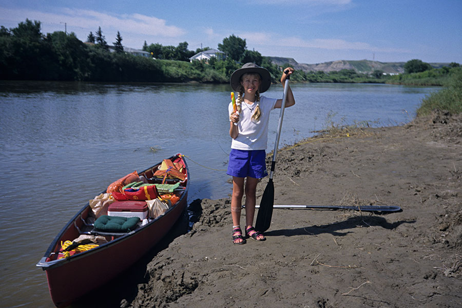 The start of our canoe trip adventure in Drumheller, Alberta, August 1999. <br />I'm holding my favorite popsicle, an "Itsakadoozy"