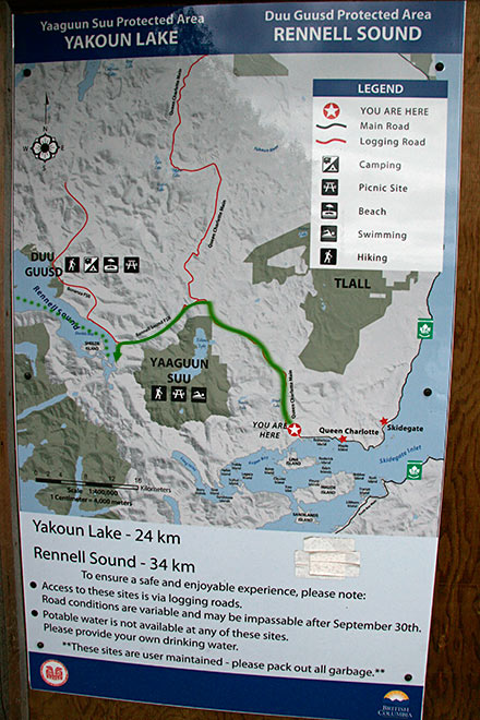 On our second last day, our friend Doug took us fishing <br />to Rennell Sound. The logging road we drove <br />to get there follows the green arrow...