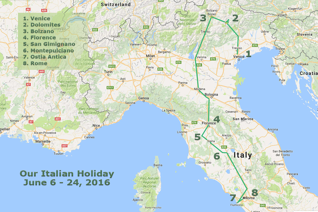 A map of our Italian holiday, June 2016...